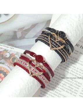 Boho Woven Leather Wrap Bracelet Set Rhinestone Heart Stackable